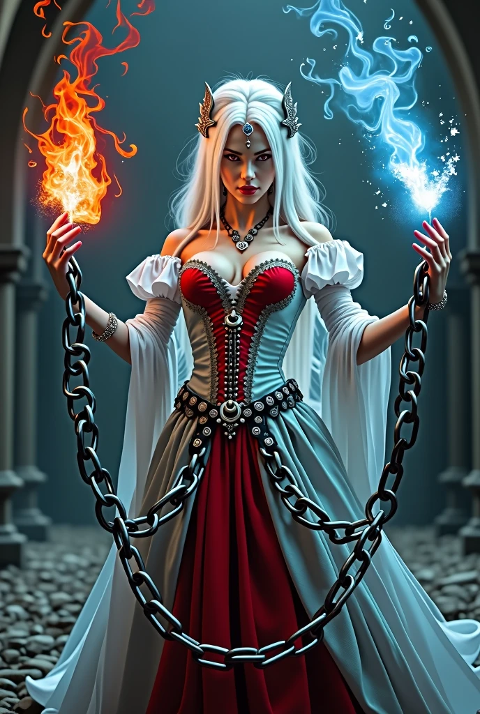 photo of a vampire queen, left hand grasp a chain with ice effect, right hand grasp a chain with fire effect, she wearing a victoria period with red and light blue color, long white hair, red eyes, the chain made from steel and it floating in the air, big chain, focus on chain