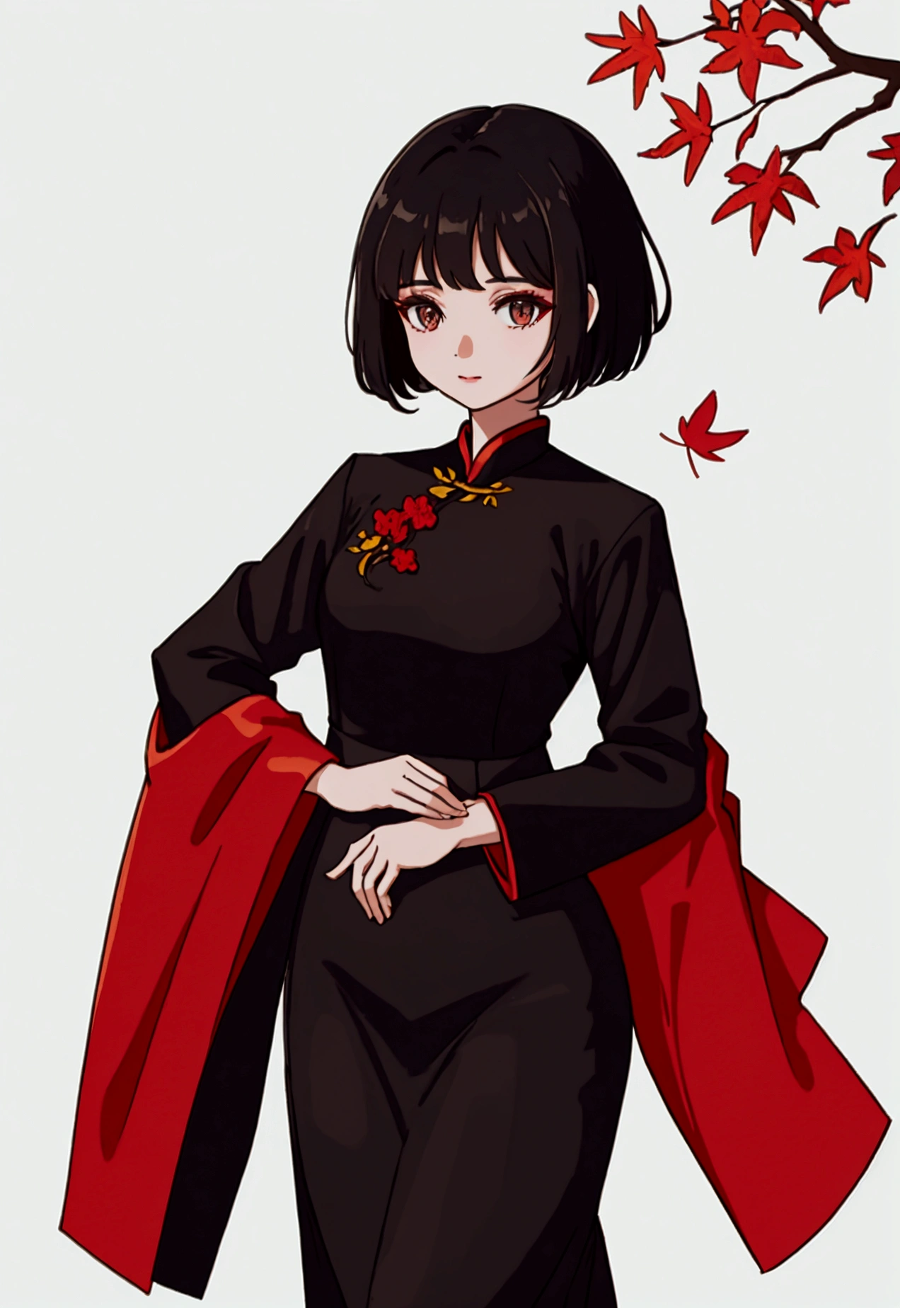 Character wearing school uniform Vietnamese Ao Dai, beautiful black hair female autumn leaves, poinciana flowers,simple,simle,