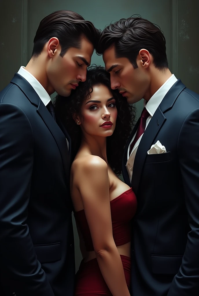 A dark romance book cover featuring two hot, tall, muscular mafia men competing for the same short, curly-haired woman.