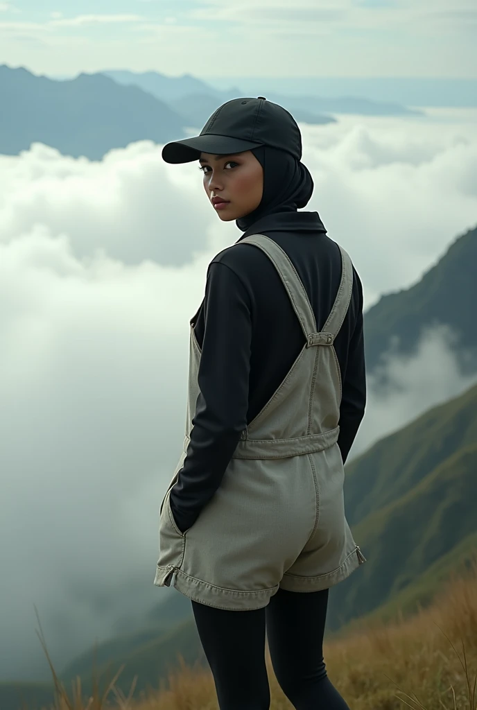 full-body portrait photograph of a young java woman hijab with polo Cap, wearing black pinafore with tight-fitting , hotpant with leggings, oversized_breasts.", Big bus, she is hiking, in a unique, photoshot model, ((in sea of clouds over the mountain))), pullover, highres, 4k, HDR, 1girl, photorealistic, realistic, big booobs, turning away facial at viewer, closeup