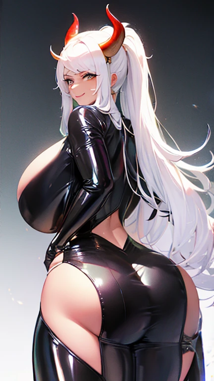 1 woman, yamato, ass, on stomach, lying, from behind, thick thighs, 1girl, solo, looking at viewer, looking back, long hair, high ponytail, multicolored hair, aqua hair, white hair, two-tone hair, hair ornament, horns, multicolored horns, latex, latex dress, latex catsuit, latex bodysuit, latex clothing, latex fashion, latex fetish, latex feets, (huge breasts:1.5), large breasts, Photorealistic, perfect body, Realistic queen, big chest, beautiful anime woman, perfect body, Voluptuous body, big ass, muscolar ass, muscolar legs, ((smile)), (abdominals:1.4), 2, 7headed body, (cute face), (Ideal ratio body proportions), Wearing sweat, Smiling smile, long-hair, beauty legs, Skinny Legs, surrealism, Ultra Quality, Masterpiece, Ethereal,Ultra-Detailed,8K, breathtaking beauty, vivid colors reflects, full body picture
