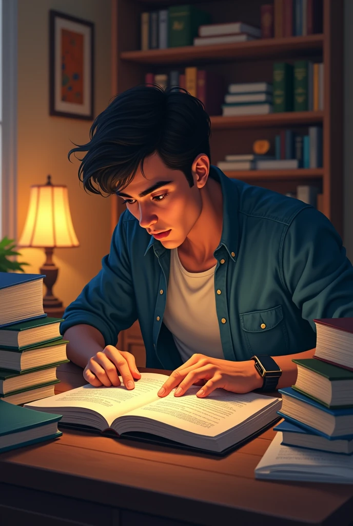 A young boy aged 25 years deeply studying books of Banks at home.