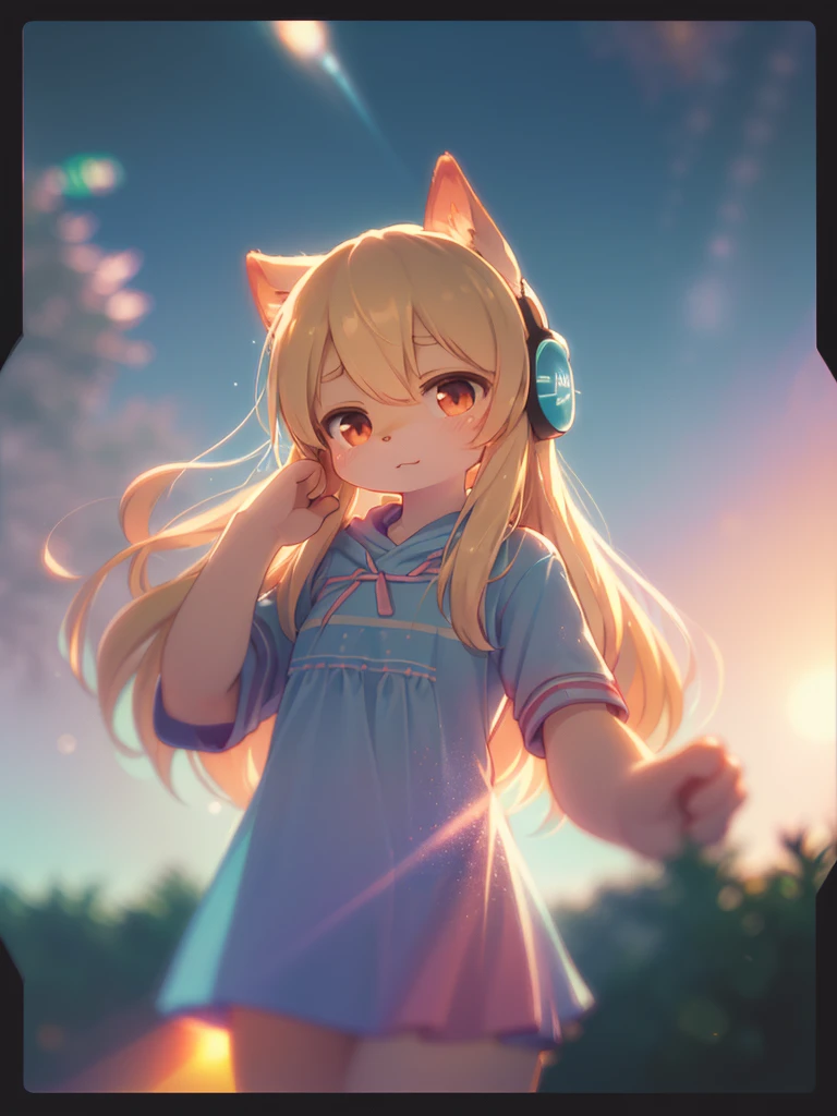 (Sumilux f1.4 36mm , Polaroid , low Latitude old color negative film , cross process , (bokeh), Long exposure , blur , flare, chromatic aberration , (soft focus), (Shallow focus) , soft glow , Maximum aperture, low Key , Transparent depiction , Tyndall) ,dim light , kawaii anime style , girl , headphone , Listen to music