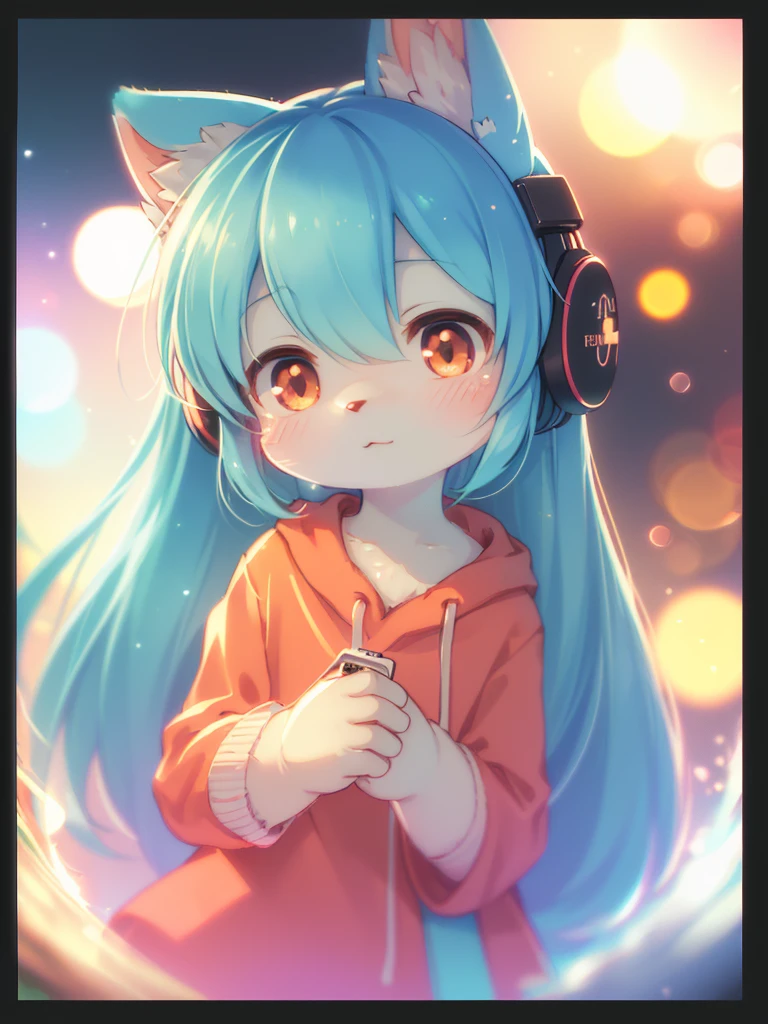 (Sumilux f1.4 36mm , Polaroid , low Latitude old color negative film , cross process , (bokeh), Long exposure , blur , flare, chromatic aberration , (soft focus), (Shallow focus) , soft glow , Maximum aperture, low Key , Transparent depiction , Tyndall) ,dim light , kawaii anime style , girl , headphone , Listen to music