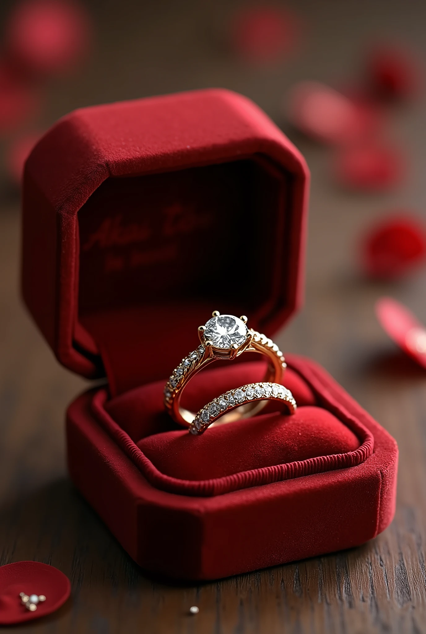 pair of wedding rings and engagement ring in gold color in a velvet box the men&#39;s ring is simple, only smooth and matching the women&#39;s ring the women&#39;s ring has a shiny minimalist diamond stone reminiscent of a flower and around it a braided finish with small diamonds on the inside of the rings the word is written "AKAI TO"