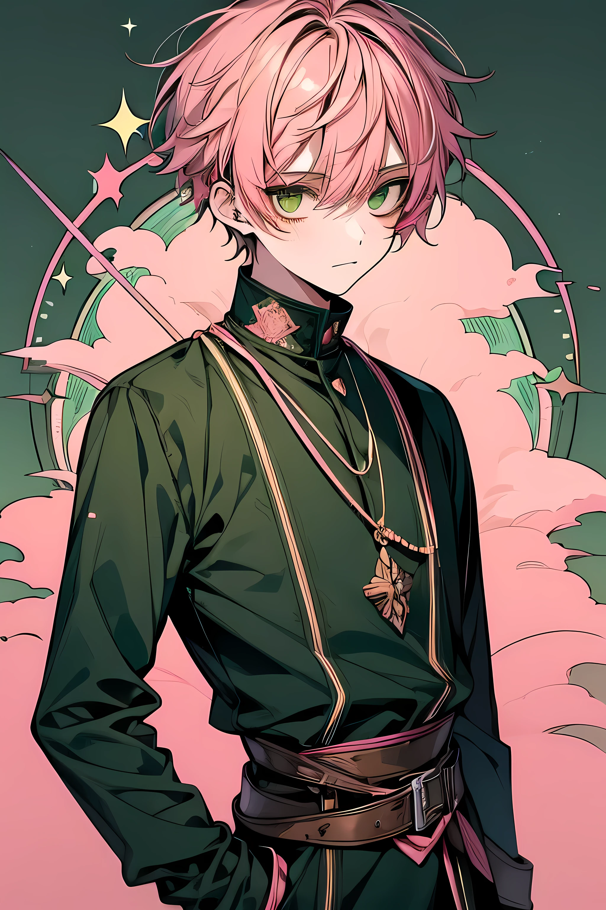 (masutepiece), (Best Quality), 20 years old, cute boy, standart detailed, with no hand, hide the hand, 1 boy, small sharp eye, Solo Focus, half body look, magic, magic circle green, green Sparkle, green smoke, a traveler, medieval simple cloth, Perfect face, Beautiful face, extra detailed face,(pink hair:1.3),(green eye:1.3), cool boy, handsome