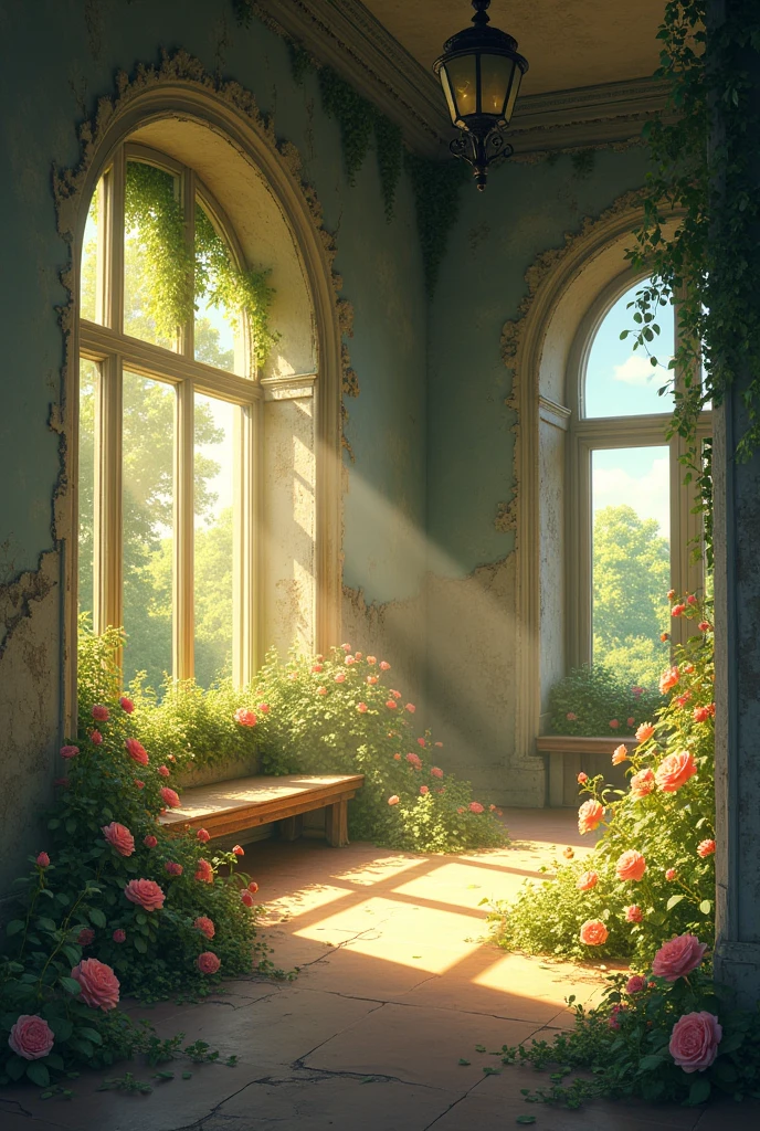 Inside the abandoned room、There are many windows、The walls are collapsing、White Room、The morning sun is shining and it's bright、Beautiful flowers on the ground and walls々is blooming、There is no one、front、high resolution、16:9、Ghibli style