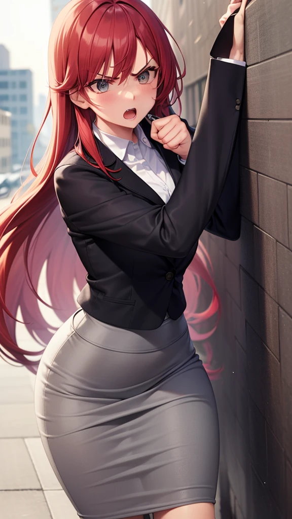 masterpiece, best quality, high detail, beautiful angry business woman punching wall, solo focus, long wavy hair, red hair, (gray blazer), (gray midi pencil skirt), long gray skirt, wide hips, office building, action pose, dynamic pose,