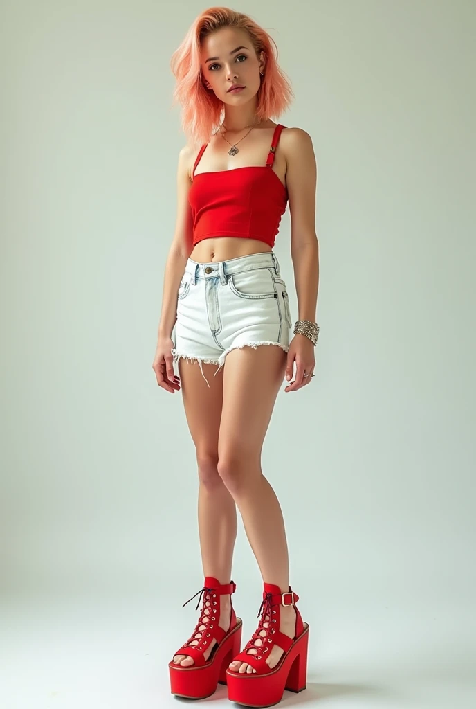 Iris Steensma, 1.5 meters tall, wearing platform red sandals and denim white daisy dukes shorts