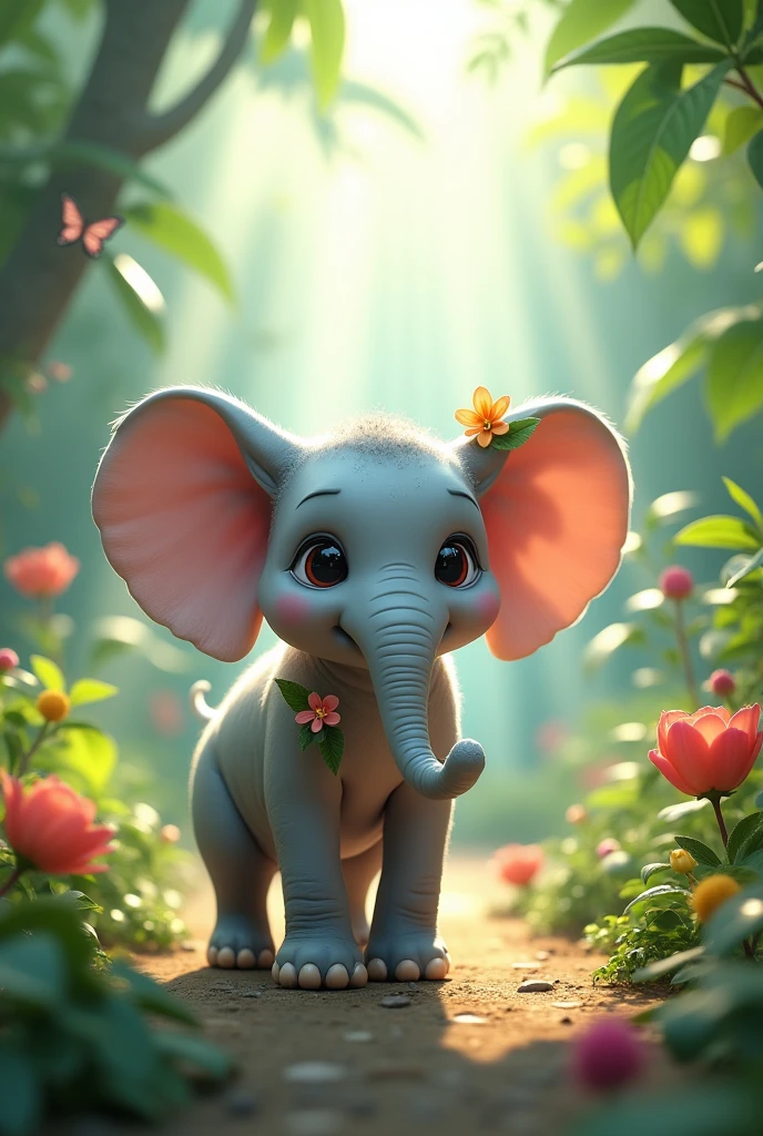 A highly detailed, photorealistic 4K image of a whimsical jungle scene featuring a young, adorable elephant with a slightly cartoon-like appearance. The elephant has big, soulful eyes that convey a gentle and friendly personality, and its gray skin is blended with soft pastel colors like light lavender, pale blue, and silver. Its ears and back are adorned with small, colorful flowers and delicate vines that add a magical and natural touch. The background is a vibrant jungle filled with large, green leaves, exotic flowers, and cascading sun rays filtering through the dense canopy, creating a warm and serene atmosphere. Brightly colored birds and butterflies flutter around, adding to the lively and enchanted environment. Art style: Fantasy realism with jungle elements. Lighting: Soft, dappled sunlight with natural ambient glow. Camera: Close-up shot with a dynamic low-angle view. Render: Octane Render, 8K resolution.
