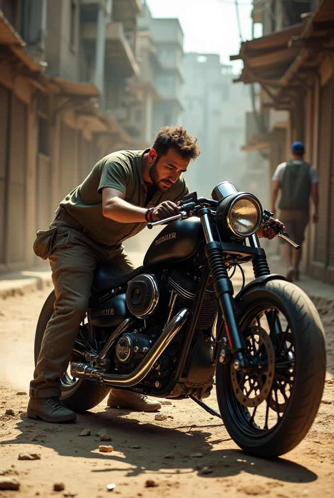 Mechanic repairing a modified pulsar bike in dusty street