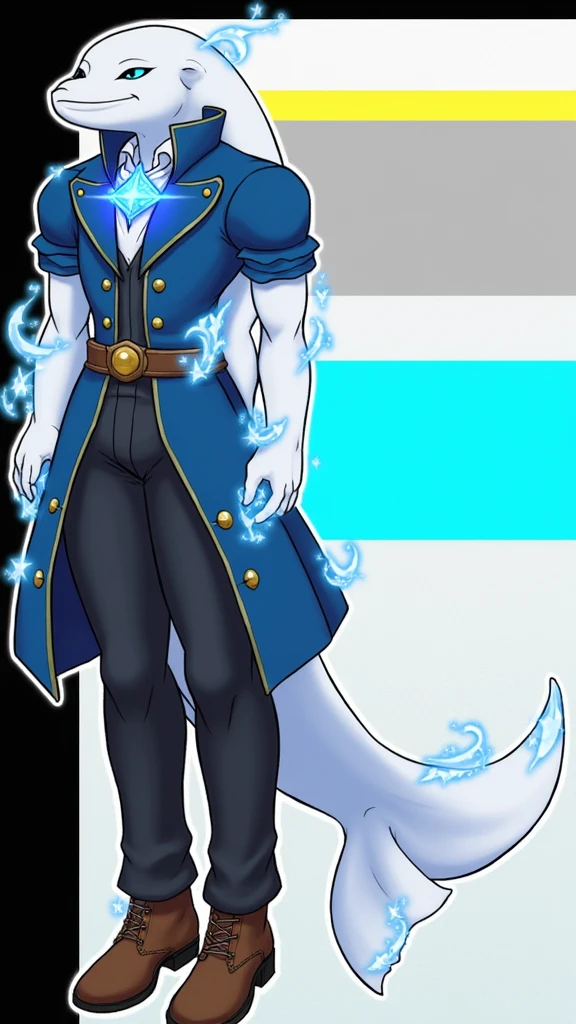 A unique being with a beluga whale's head and a tall, muscular human body. His skin is smooth and white like a beluga's. He wears a blue Victorian-era coat with gold details, and a glowing blue jewel on his chest shines like stars in the ocean's depths. His eyes, filled with blue magic, glow like the night sky. A large beluga tail extends from his lower back, and powerful water magic swirls around him, enhancing his mystical presence.