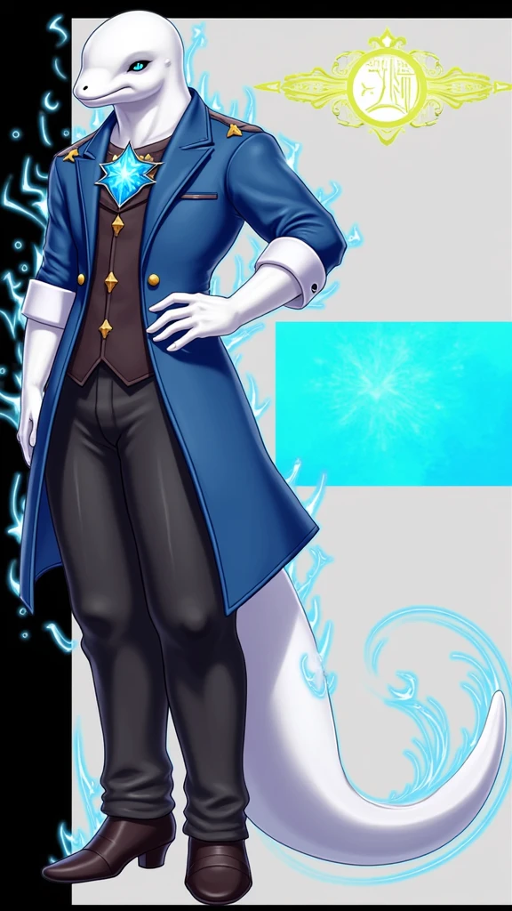 A unique being with a beluga whale's head and a tall, muscular human body. His skin is smooth and white like a beluga's. He wears a blue Victorian-era coat with gold details, and a glowing blue jewel on his chest shines like stars in the ocean's depths. His eyes, filled with blue magic, glow like the night sky. A large beluga tail extends from his lower back, and powerful water magic swirls around him, enhancing his mystical presence.