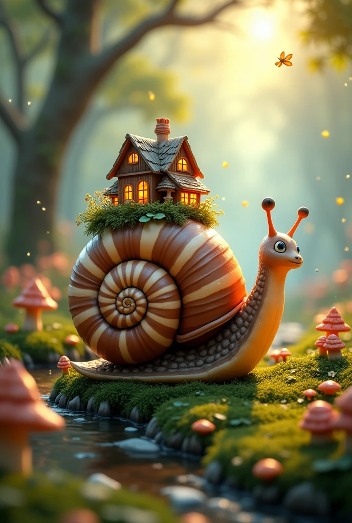 A highly detailed, photorealistic 4K image of a whimsical forest scene featuring a large, charming snail with a slightly cartoon-like appearance. The snail has a beautifully patterned shell in shades of amber, brown, and cream, with intricate, spiral designs that catch the light. On top of its shell, a tiny, quaint cottage with a thatched roof and glowing windows is nestled, surrounded by small mushrooms, green moss, and miniature lanterns that cast a soft, warm glow. The snail's expressive eyes add a touch of personality, as if it's on a gentle journey through the forest. The background is a magical woodland setting with misty, blurred trees in the distance, dappled sunlight filtering through the leaves, and tiny glowing fireflies hovering around. Small streams of water trickle nearby, enhancing the serene and enchanting atmosphere. Art inspirations: Fantasy realism, fairytale illustration. Lighting: Soft, golden hour sunlight with subtle mist effects. Camera: Close-up with slight elevation to capture both the snail and its cozy, magical surroundings. Render: Octane Render, 8K resolution.