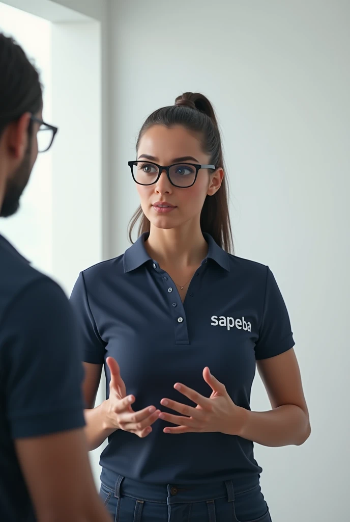Show me a woman, wearing glasses, Explaining something to someone, in a room with white walls, with a navy blue polo shirt and has the name written on the right side of the chest "Sapelba", and that she is Brazilian, with a ponytail and that she has no eyes.
