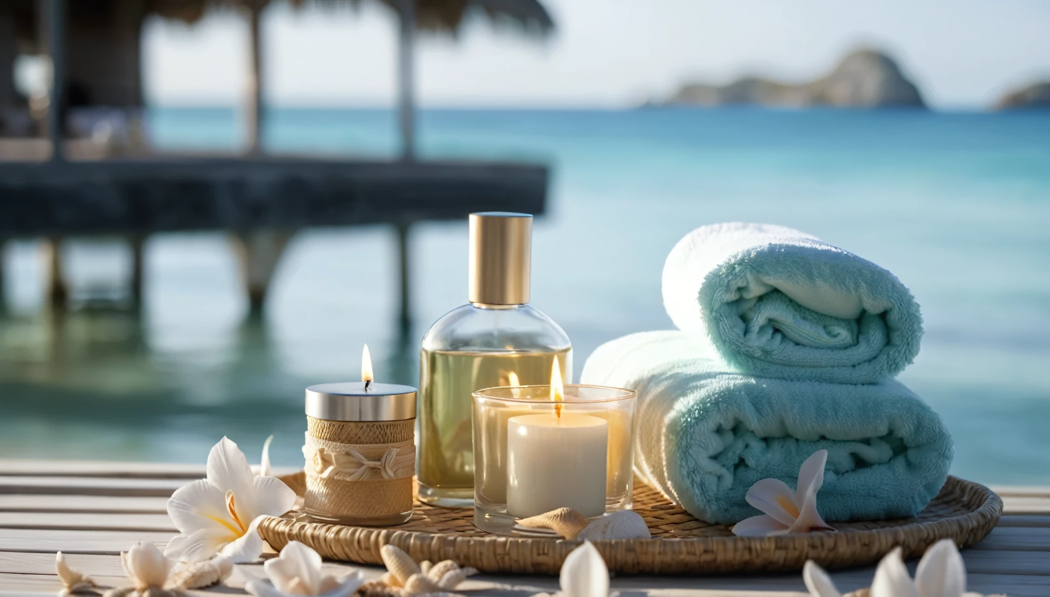 towel, Candles and perfume bottles on a tray。, beach vibes, relax, Beautiful shots, Relax!, serene beach vibes, Soft glow, relax atmosphere, Morning Glow, Summer setting, relax environment, Beautiful views, very relax, Holiday season, in a beachfront environment, spa, Detailed local information, Excellent detail, Beautiful appearance, beach vibes medium shot, Seaside