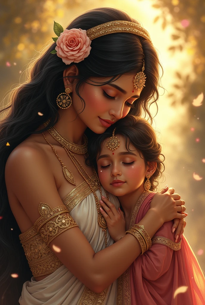 Illustrate Radha Rani in a compassionate and divine moment, gently comforting and nurturing crying devotees. She should be portrayed as a serene and caring figure, with a tender expression and graceful presence. The devotees, depicted with tearful faces, are being embraced and consoled by her. The scene is set in a peaceful, ethereal environment that radiates warmth and tranquility, with soft, divine light highlighting Radha Rani's nurturing role."