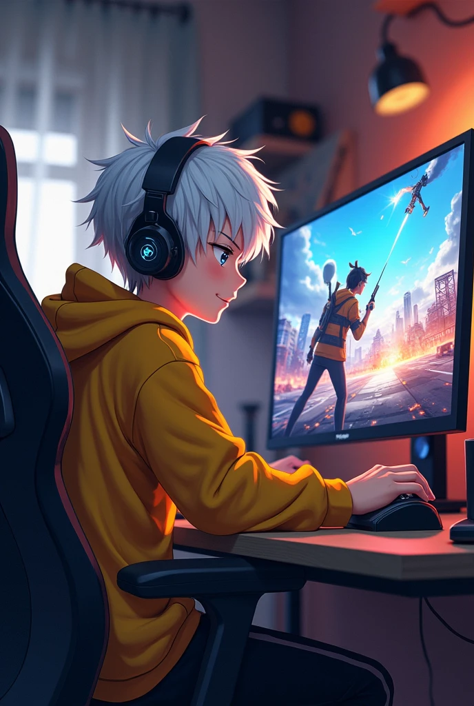 A anime boy playing freefire on his computer white hair, yellow hoodie