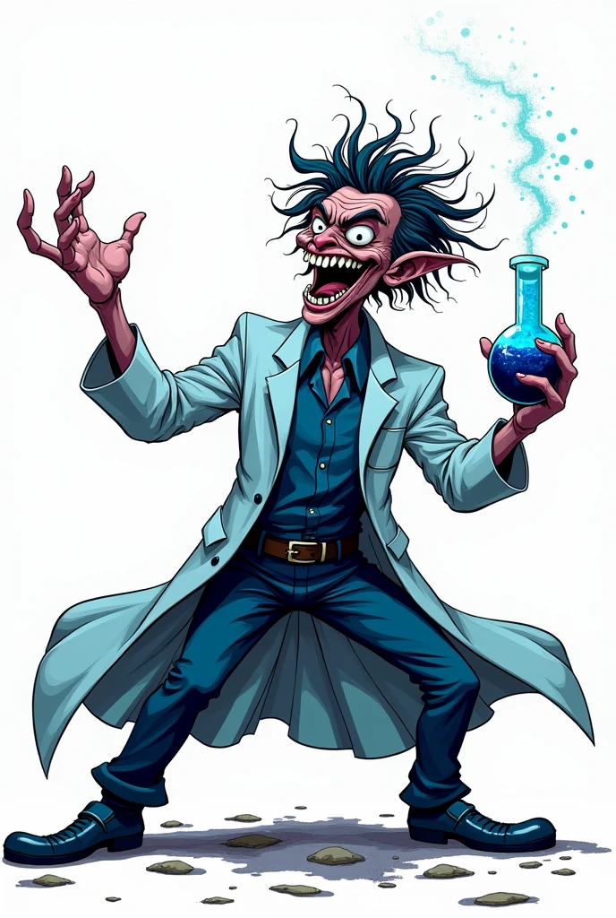 comic book art with a white background of an evil scientist laughing hysterically with one hand holding a test tube and the other arm open in shades of blue