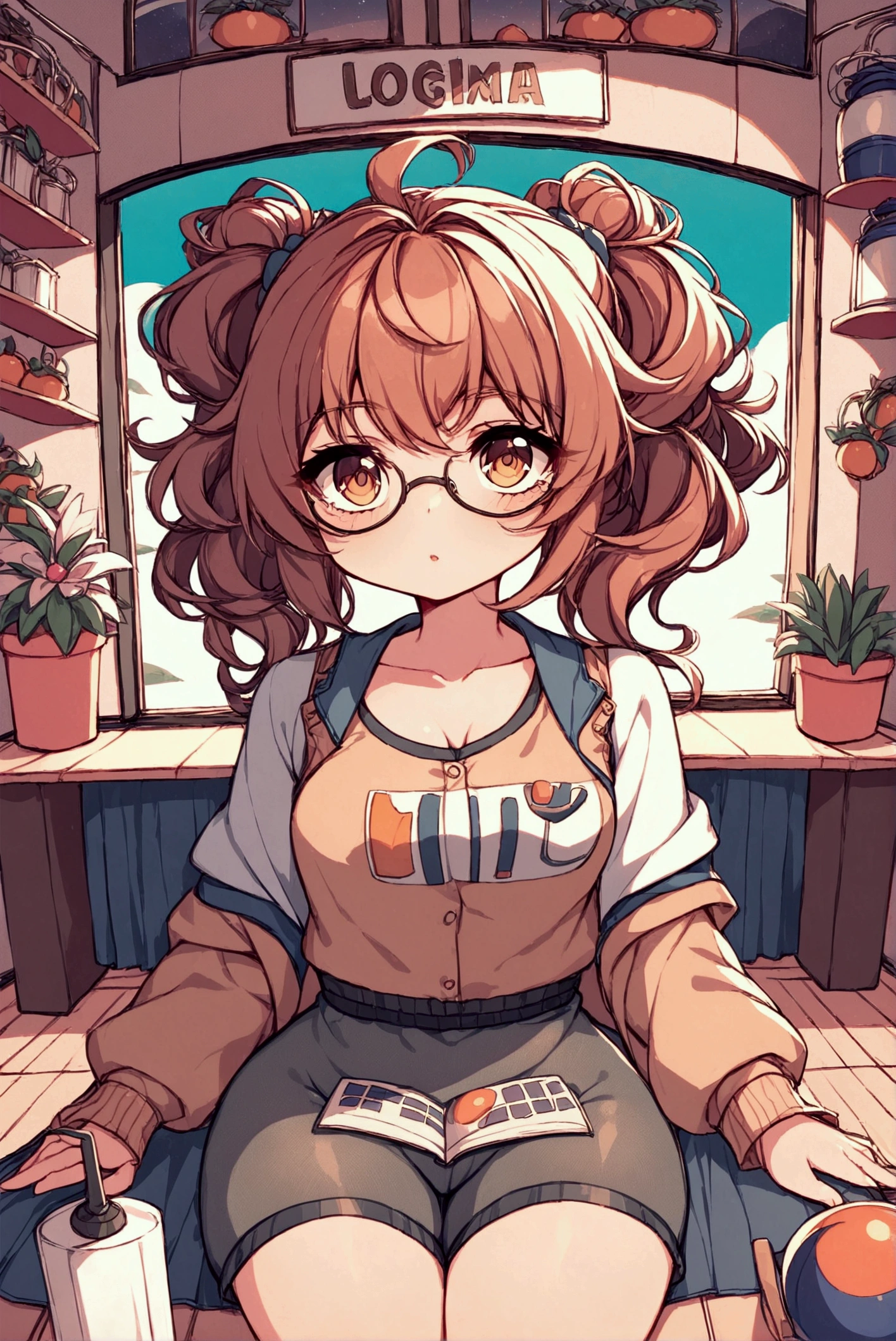 &quot;Depicting a peaceful night scene，Girl sitting on the windowsill in a residential area，Legs hanging out of the window casually，Holding hands on the window，Staring into the distance。Her light brown curly hair, twin ponytails, flowed gently in the wind，Wearing thick-framed black large round glasses，The scene is shown from a low altitude perspective，The background is a starry sky，The surrounding residential area is quiet and peaceful，Street lights in the distance give off a soft glow。Xiaoxuan&#39;s expression is calm，Reflecting a moment of contemplation and tranquility，NSFW