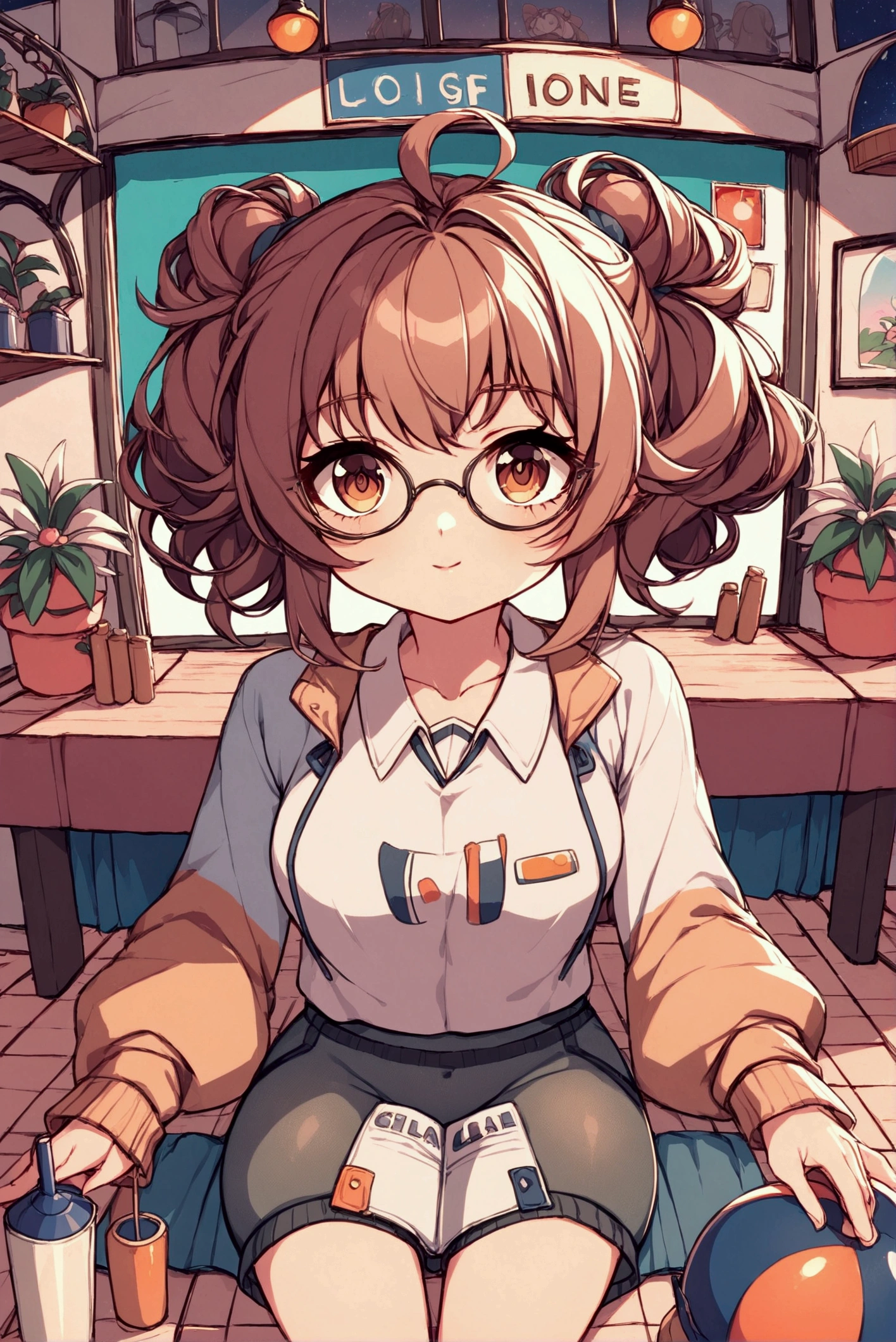 &quot;Depicting a peaceful night scene，Girl sitting on the windowsill in a residential area，Legs hanging out of the window casually，Holding hands on the window，Staring into the distance。Her light brown curly hair, twin ponytails, flowed gently in the wind，Wearing thick-framed black large round glasses，The scene is shown from a low altitude perspective，The background is a starry sky，The surrounding residential area is quiet and peaceful，Street lights in the distance give off a soft glow。Xiaoxuan&#39;s expression is calm，Reflecting a moment of contemplation and tranquility，NSFW