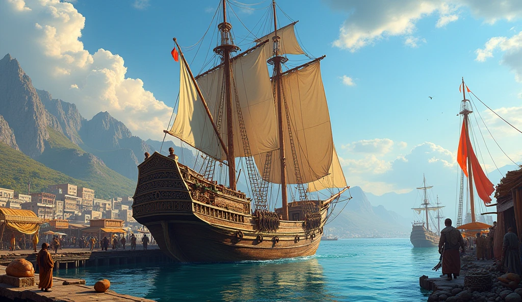 A Marwari merchant ship at a port, ready to trade goods with foreign lands