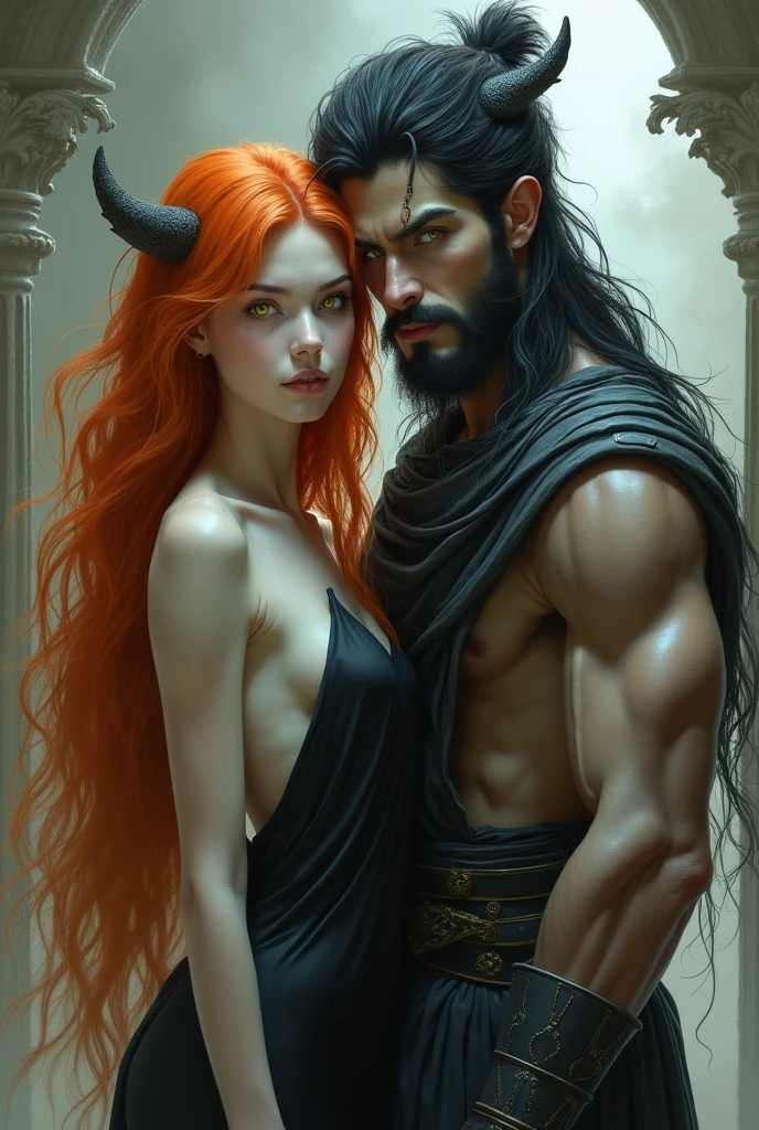 long orange hair,white skin,yellow eyes,black dress human Women.And male handsome Jinn with gray skin,black hair,green eyes,turban,muscular