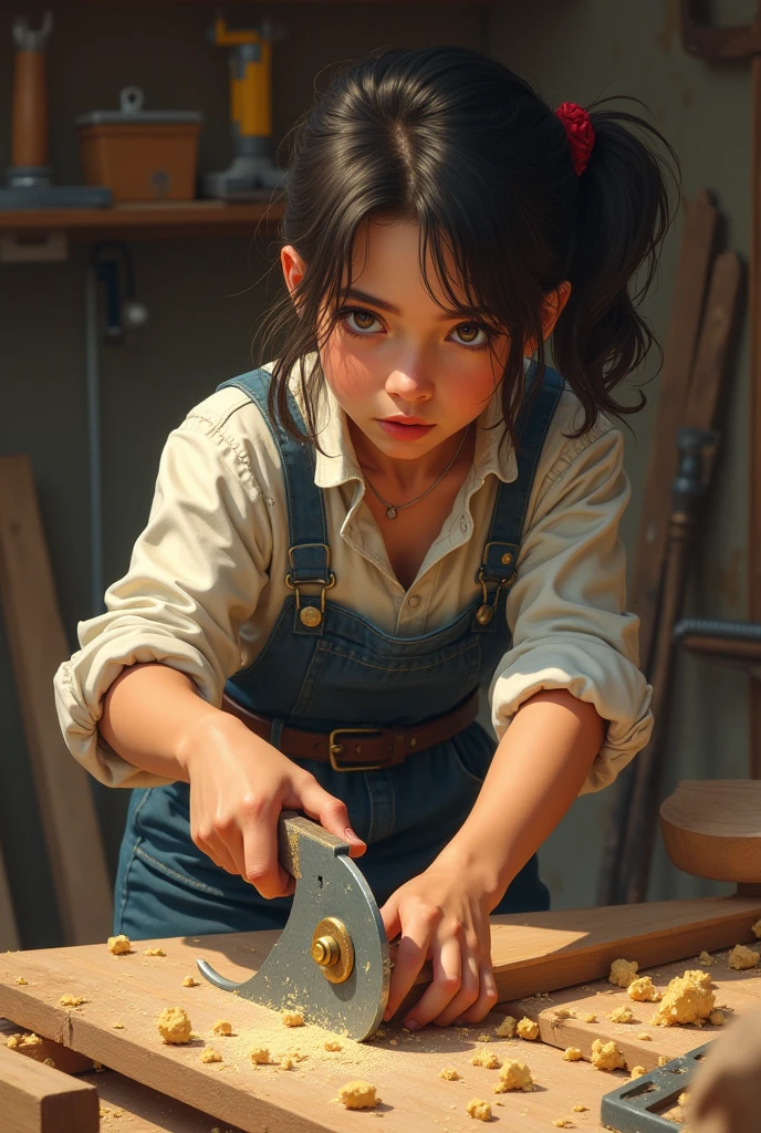 Carpenter girl using for hand cutter