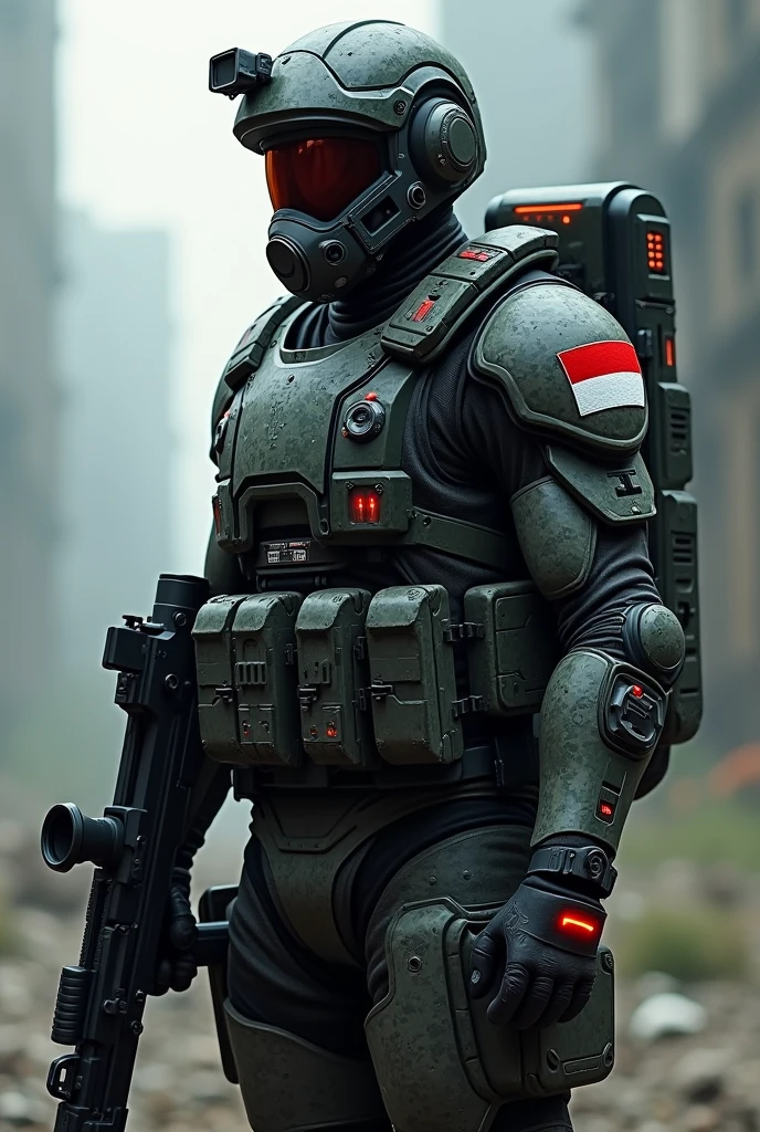 a TNI Kopassus Soldier Indonesia with indonesian flag badge wearing futuristic battle suit camouflage holding a large futuristic weapon, gas mask, wearing a high tech futuristic helmet with nightvision wearing futuristic military backpack and an exoskeleton