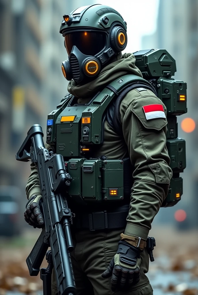 a TNI Kopassus Soldier Indonesia with indonesian flag badge wearing futuristic battle suit camouflage holding a large futuristic weapon, gas mask, wearing a high tech futuristic helmet with nightvision wearing futuristic military backpack and an exoskeleton