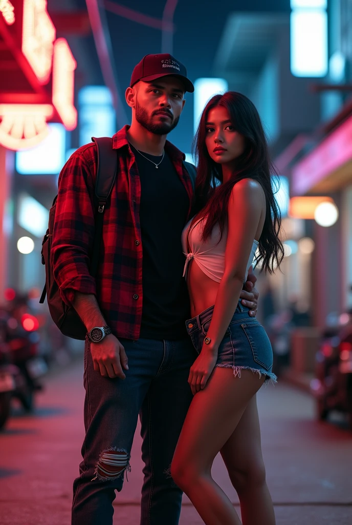 Hyper realistic, a 2 Indonesia man walking on the neon cyberpunk street, ideal body, look straight ahead, wearing dark red flannel shirt and dark ripped jeans pants and black hiking hi-shoes with black backward trucker hat, wear dark leather backpack, wear headphone, masculine photoshoot pose, arrogant man expression, together with his beautiful girlfriend with long hair and dressed summer clothes, romantic, Bandung night town as background. Use soft photography lighting. top lighting. top lighting, slide lighting, high quality photos, UHD, 64k. shot with Canon EOS 5D Mark IV, cinematic portrait, Realistic face, not changing face, no mustache, Real photo, unchanging face, background change. Real Picture 8k ultra, man, gamer, hyper detailed, sharp focus, studio photo, intricate details, highly detailed, photo real, bright colors, digital graphics, unreal engine, blender art, perfect composition, octane rendering, masterpiece, sharp focus, high detail, art station, concept art, perfect composition, a model of ultra-high quality and clarity, perfect play of light and shadow, 32k UHD, hyper-detailing, complex artistic masterpiece, ((best quality)), ((masterpiece)), (detailed), perfect face