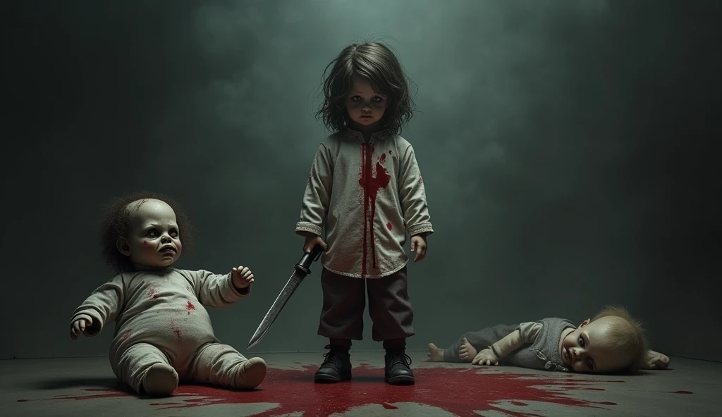 Create a child with a chainsaw in his hand holding a severed head