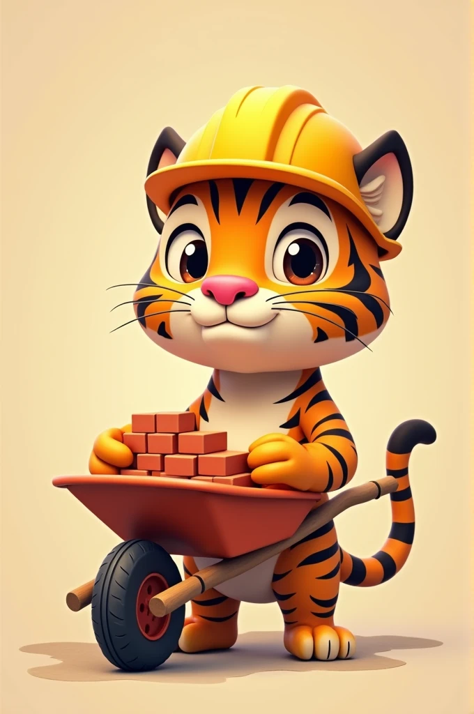 Animated tiger with his safety helmet carrying a wheelbarrow full of bricks