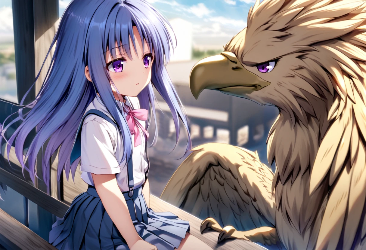 (griffin), (((Ride the Griffin))), (Rika Furude), woman, alone, Long Hair, Blue Hair, Purple eyes, school uniform, Pink ribbon, Collared shirt, Pleated skirt, suspenders, Flat Chest,