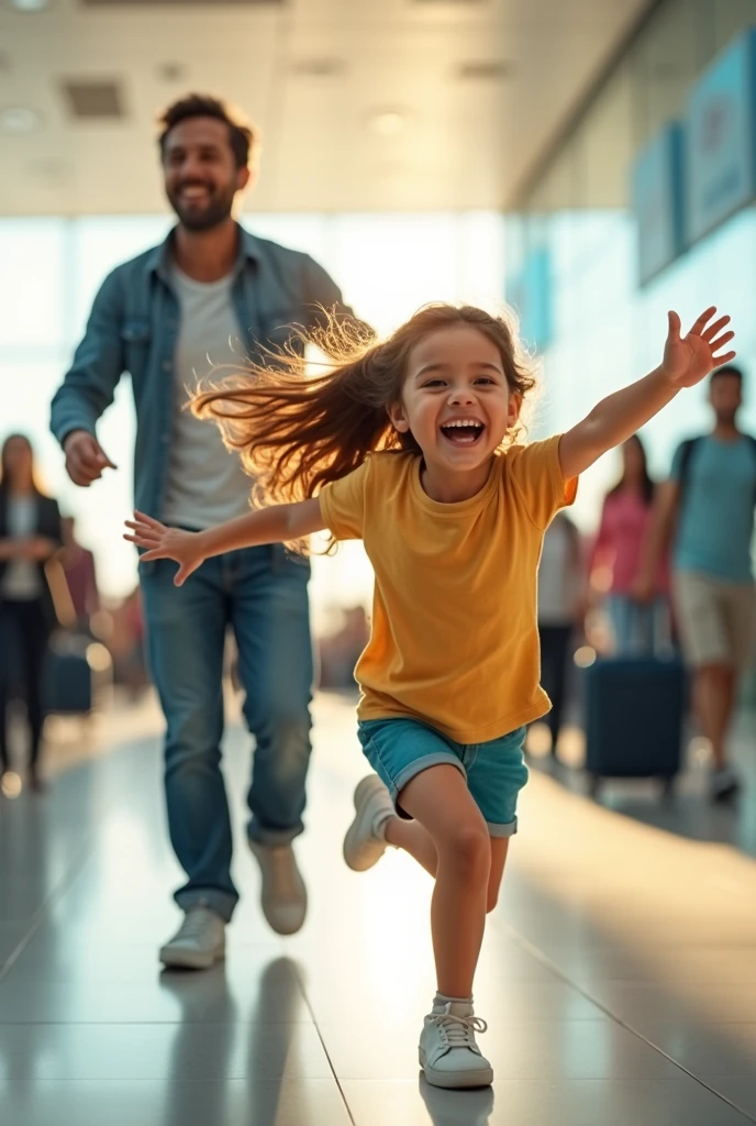 Girl running to hug her father at airport 

