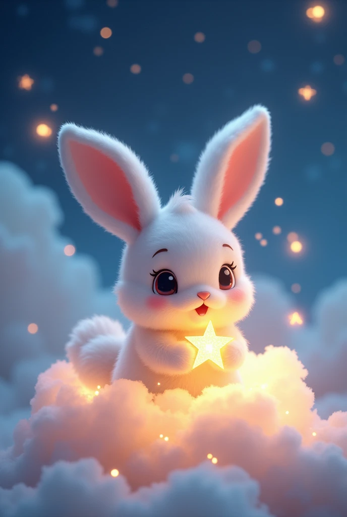 A highly detailed, photorealistic 4K image of a whimsical nighttime scene featuring a small, fluffy bunny with a slightly cartoon-like appearance. The bunny has big, bright eyes that convey a sense of wonder and innocence, and its fur is a mix of soft pastel shades like white, light pink, and cream. The bunny is gently floating on a fluffy, glowing cloud, holding a tiny, luminous star in its paws. The background is a dreamy night sky filled with sparkling stars, soft clouds illuminated by moonlight, and a gentle glow that creates a magical atmosphere. Small, twinkling fireflies hover around, adding to the enchanting scene. Art style: Fantasy realism with a dreamy nighttime theme. Lighting: Soft moonlight with gentle star glows. Camera: Close-up with a slight upward angle to capture the night sky. Render: Octane Render, 8K resolution.
