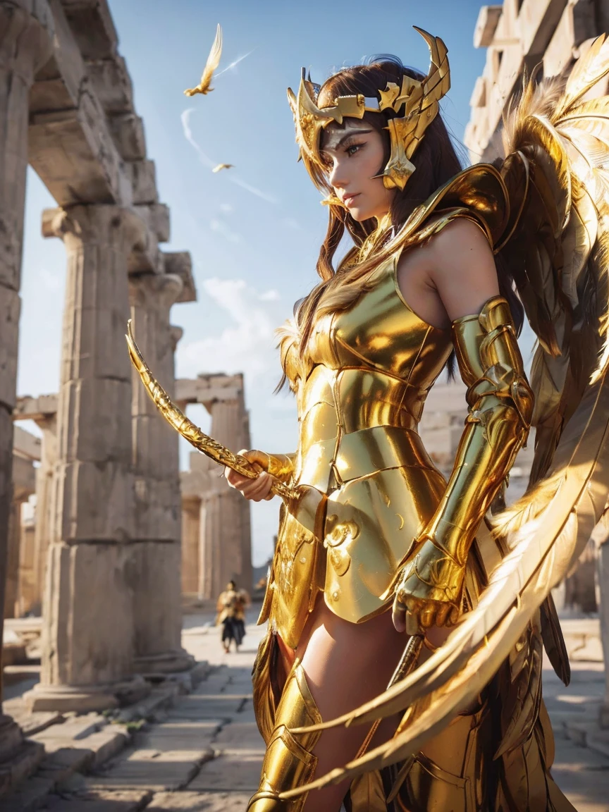 A woman with long straight hair stands in front of the Parthenon temple, wearing detailed Greek archer armor with golden accents, feathers and a helmet with long golden wings, (best quality,4k,8k,highres,masterpiece:1.2),ultra-detailed,(realistic,photorealistic,photo-realistic:1.37),extremely detailed face and hands, 1girl, Sagittarius armor, armor, golden armor, feathers, helmet, long metal feathers, long golden feathers