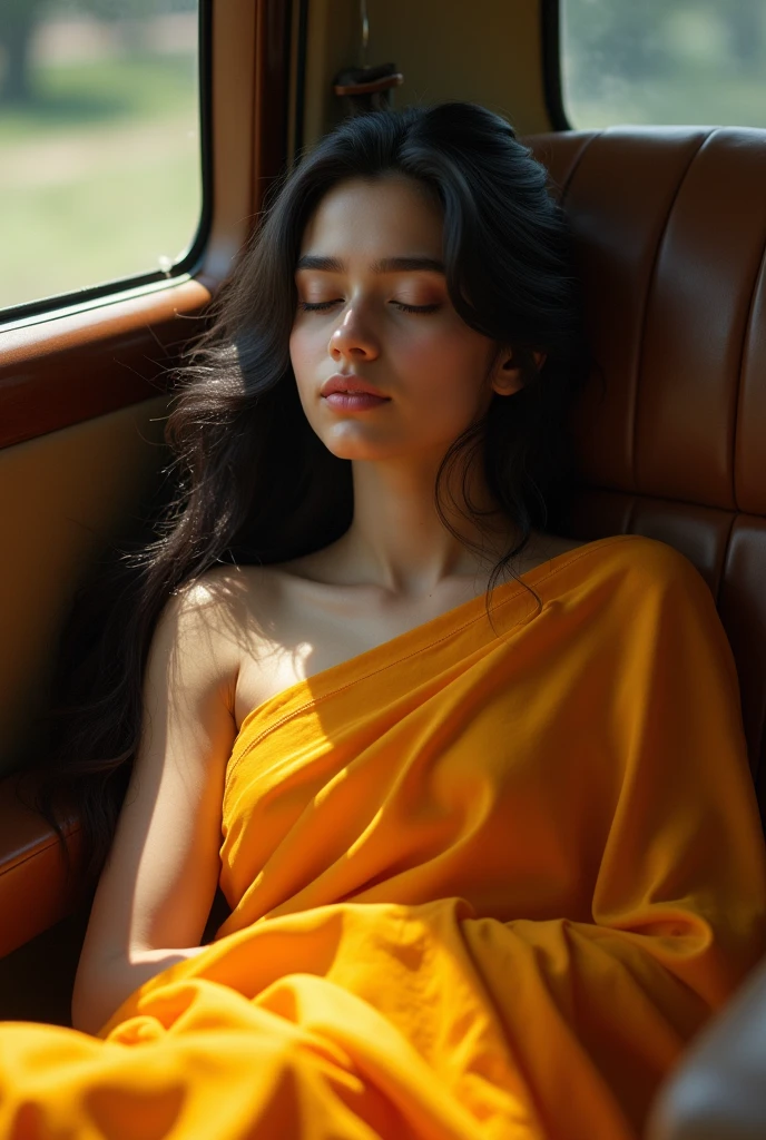 A beautiful ager girl in a saffron saree pallu on the top head sleeping in a car