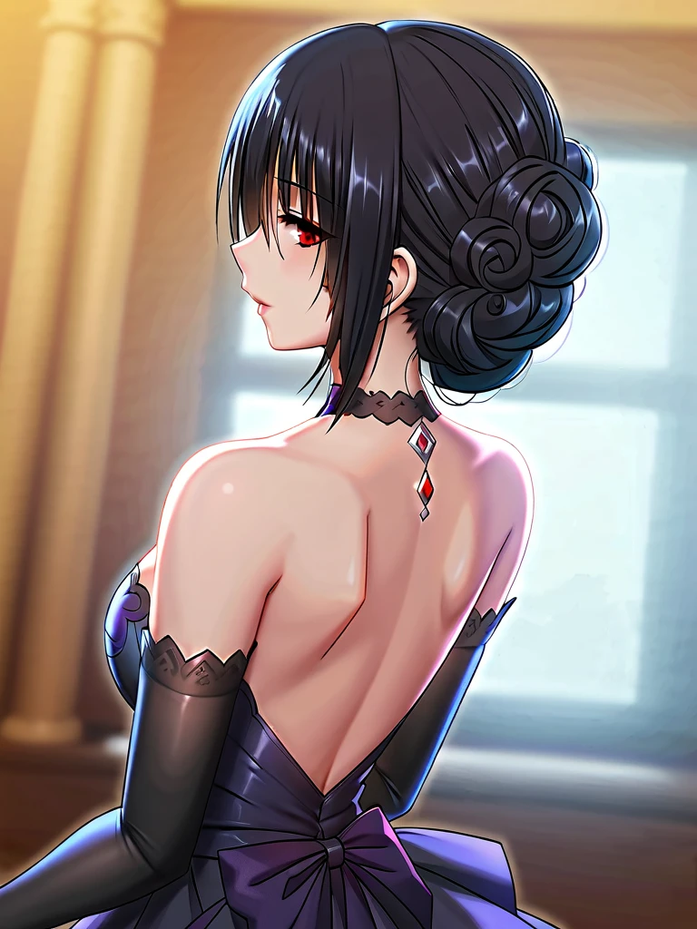 tokisaki kurumi,((masterpiece)),(((best quality))),((ultra-detailed)),((illustration)),((disheveled hair)),((frills)),(1 girl),(solo),Wavy hair secretary,solitary,Exquisite eyes,Fine black hair,( Smooth skin:1.2)( Wear a gorgeous and sparkling evening gown:1.2), Slender body proportions,Back,Gorgeous room,backless outfit,back focus,from behind,Simple background, Blurred Background, Glossy background,long hair,Hairstyle,upper body,
