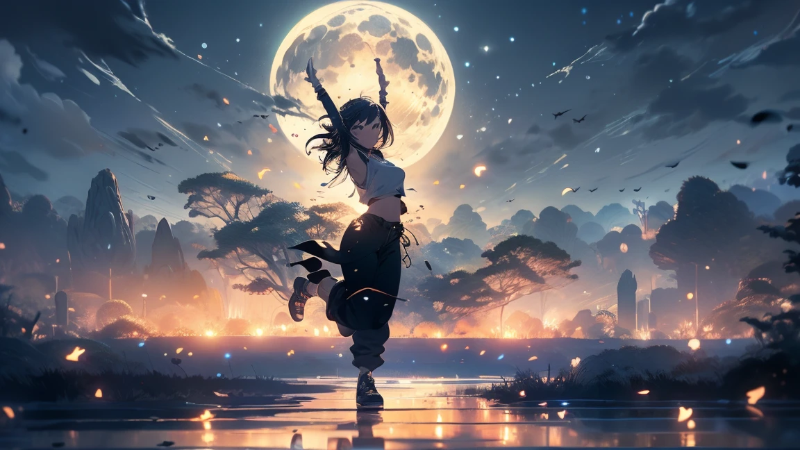 "score_9, wide_shot, full_body_shot, wide_angle_lens, deep_Makoto_Shinkai_style, night_scene, large_full_moon, surreal_atmosphere, artful_sense, focus_on_woman_7,

In a vast, empty field under the night sky, a gigantic full moon dominates the scene, occupying nearly 70% of the frame, centered above the horizon. The moon's soft, silvery light spreads across the field, casting a luminous glow that transforms the landscape into a dreamlike setting. The sky is a deep blue, scattered with faint stars, adding to the peacefulness of the night.

In the foreground, captured from a wide-angle view, a young woman in her twenties is dancing gracefully under the moonlight. She has a short bob haircut and is wearing a black crop top and comfortable track pants, giving her a modern and athletic appearance. Her pose is expressive and free, with arms outstretched, as she moves joyfully across the open field. The moonlight enhances her silhouette, making her the focal point against the expansive background.

The scene should be depicted in the style of Makoto Shinkai, with an emphasis on the interplay of light and shadow, and the rich, vivid contrast between the silvery moonlight and the dark field. The wide-angle perspective highlights the vastness of the landscape, making the moon appear even larger and the field more expansive. The overall composition should evoke a sense of wonder and tranquility, blending the reality of the natural world with the surreal, artistic quality of Shinkai’s work, creating a scene that feels both intimate and boundless."