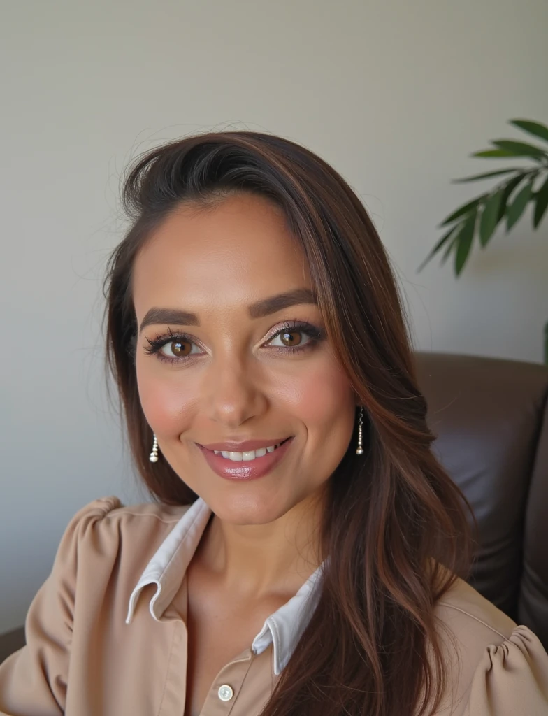 Put that face and hair on a body where only the upper part of the body is visible, like a professional woman wearing a white dress shirt. An ideal photo to use on your resume.
