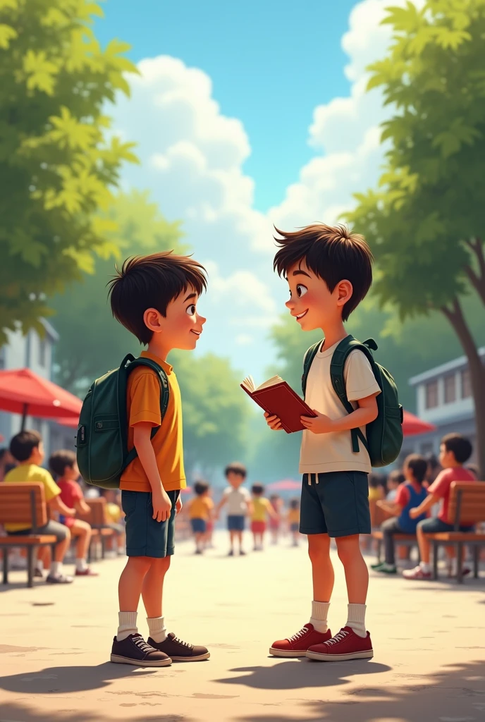 A bustling schoolyard filled with students. A shy boy drops his book, and a friendly boy immediately picks it up with a grin, handing it back. The two boys share an awkward, warm smile.
