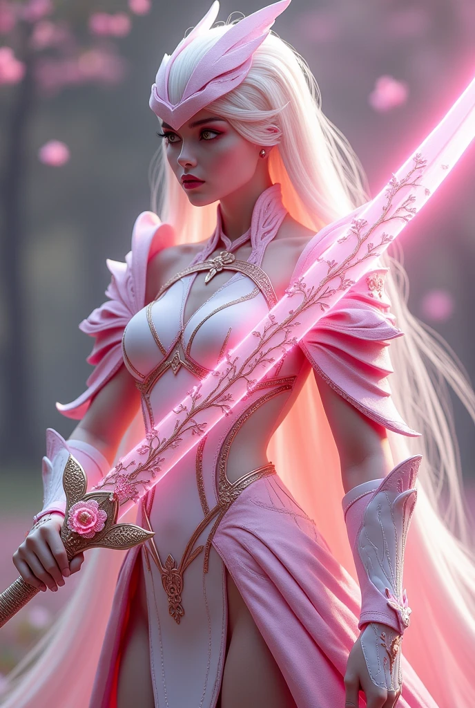 Sakurianas Warrior with the Sakura SwordThe tall, sexy warrior from the Sakurianas species is a vision of grace and power. She wears a unique armor made from a material that appears as delicate as Sakura petals but is 100 times stronger than diamond. The armor has a shimmering pink and white color scheme, resembling the natural hues of cherry blossoms. Intricate patterns of blooming Sakura flowers adorn the chest plate and shoulder guards, giving the armor an organic and fluid appearance. Her helmet, with a visor shaped like overlapping petals, completes the look, fitting perfectly to her form. Glowing pink veins of energy run through the armor, reflecting the regenerative and powerful nature of the wearer.In the warrior's hand is the Sakura Sword. This sword features a long, slightly curved blade forged from a pink metallic material that softly glows with a delicate aura. The blade is engraved with subtle designs of Sakura branches, which shimmer in shades of pink and gold as light hits it. The hilt is wrapped in pearl-white leather, adorned with rose gold accents, and at the base of the hilt, a small Sakura flower carved from rose quartz adds a final touch of elegance. The minimalist guard of the sword, decorated with small pink crystals, echoes the delicate branches of a cherry blossom tree