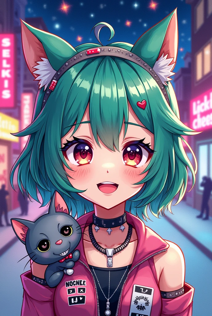 Selkirk Rexxのロゴ, close, watercolor, Vibrant, cake, Bright and shining eyes, big eye, eye, ((Delicate eyes)), Facial blemishes, Contrast, high Contrast, Dark stripes,Gray Hair,smile,Anime girl with accessories, Green messy hair, Neon pink and blue street background, Stickers, Grinning Face High Resolution, Cat Figure,Under the Stars,shooting star,Take off from the sky