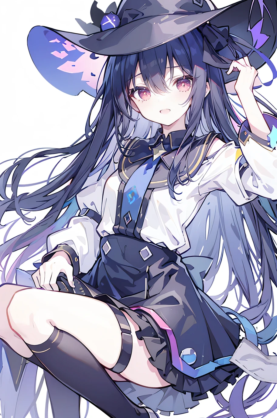(masterpiece:1.2), best quality,PIXIV,Sweet girl , sexy posture,1girl, (perky chest:1.2), rolling upskirt by wind:1.6, (with sparkling eyes and a contagious smile),open mouth, (pointed chest:1.2),fishnets, black hair, boots, long hair, black nails, skirt, shirt, solo, black footwear, bag, black skirt, jewelry, sitting, jacket, on head, black jacket, thigh strap, bangs, necktie, earrings, nail polish, white shirt, fishnet pantyhose, pantyhose, platform footwear, multicolored hair, looking at viewer, full body, bottle, own hands together, belt, jacket on shoulders, food, animal on head, black necktie, ring, choker, english text, collared shirt, blue eyes, platform boots, hat, cross-laced footwear, lace-up boots