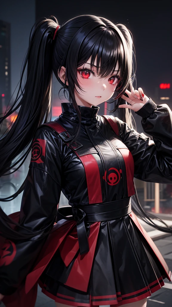 black eye.smile, Inner Color, Hide your ears, Long Hair, chest, Redhead, ,cute,Rifles,Aiming red eyes, Bob Hair, Navy Blue Hair, 大きなchest, Portraits, cute.Black Ninja Uniform,knife,Cut and run Two people female Highway at night