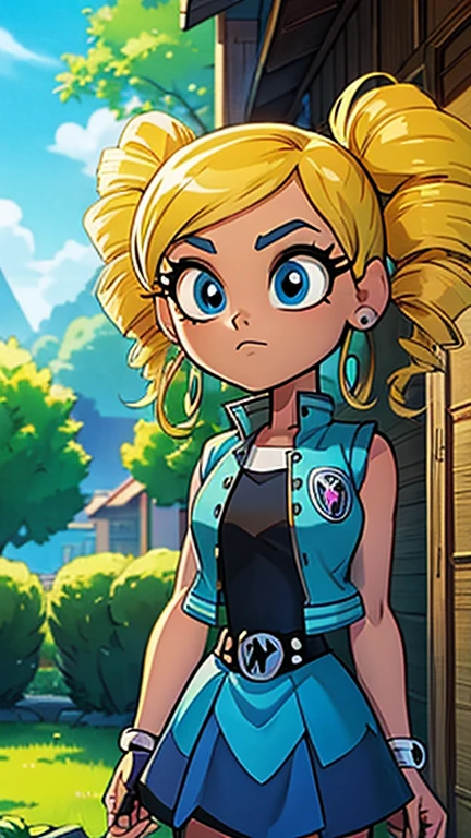 (1girl, ppgzbb), (extremely detailed CG unit 8k wallpaper),(master part), (best quality), (ultra detail), (best illustration),(Teen Titans GO style), cowboy shot, (Sharp eyeliner, ombre, detailed eyes:1), garden, outdoors ,GHIBLI_Background, break , upper body,(blue eyes, blonde hair, twin drills, hairclip, earrings, vest, blue skirt, short skirt), standing,