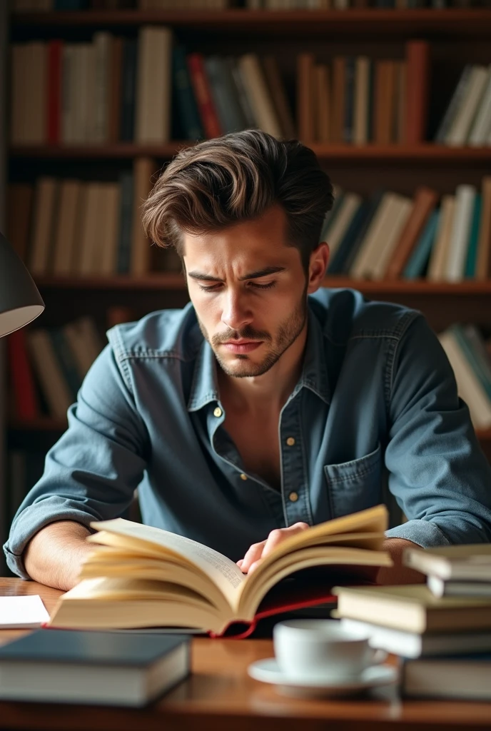 Realistic picture of a young boy aged 25 years deeply studying books related to banking at home and having banking books in Background of boy