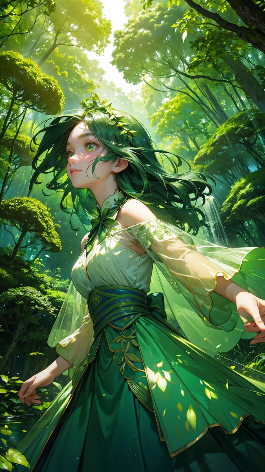 A beautiful, cute girl with an excited expression, wearing a whimsical green forest-themed outfit made of leaves and natural elements, like vines and small branches. She is joyfully jumping in the air, surrounded by a cascade of green glowing coins falling from above. Below her, a magical forest clearing with a small waterfall and a pond sparkles in shades of green. Towering trees with lush green canopies and oversized green mushrooms fill the background, while beams of green light shoot upward in a vibrant burst. The entire scene is immersed in various green tones, from her dress to the trees and the water, creating a lively, enchanting, and otherworldly forest atmosphere."
