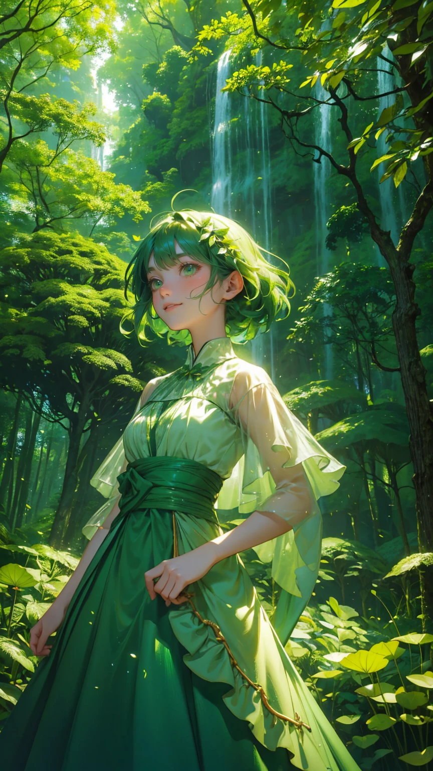 A beautiful, cute girl with an excited expression, wearing a whimsical green forest-themed outfit made of leaves and natural elements, like vines and small branches. She is joyfully jumping in the air, surrounded by a cascade of green glowing coins falling from above. Below her, a magical forest clearing with a small waterfall and a pond sparkles in shades of green. Towering trees with lush green canopies and oversized green mushrooms fill the background, while beams of green light shoot upward in a vibrant burst. The entire scene is immersed in various green tones, from her dress to the trees and the water, creating a lively, enchanting, and otherworldly forest atmosphere."